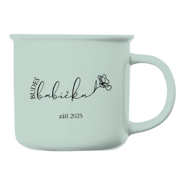 Hrnek porcelánový barevný s potiskem Budeš babička s upravitelným datem